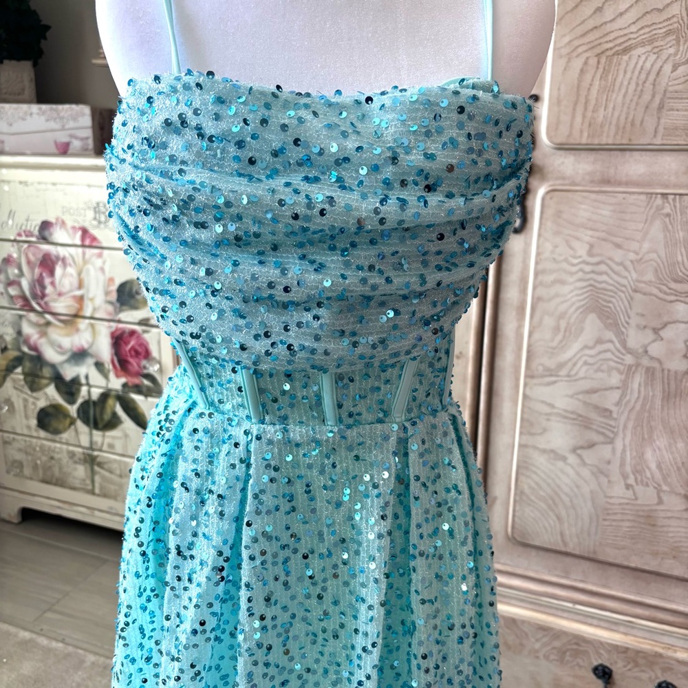 NEW Aqua Dress Cowl Neckline Seafoam Blue Strapless Prom Dress NWOT Size L/12 - Picture 5 of 12